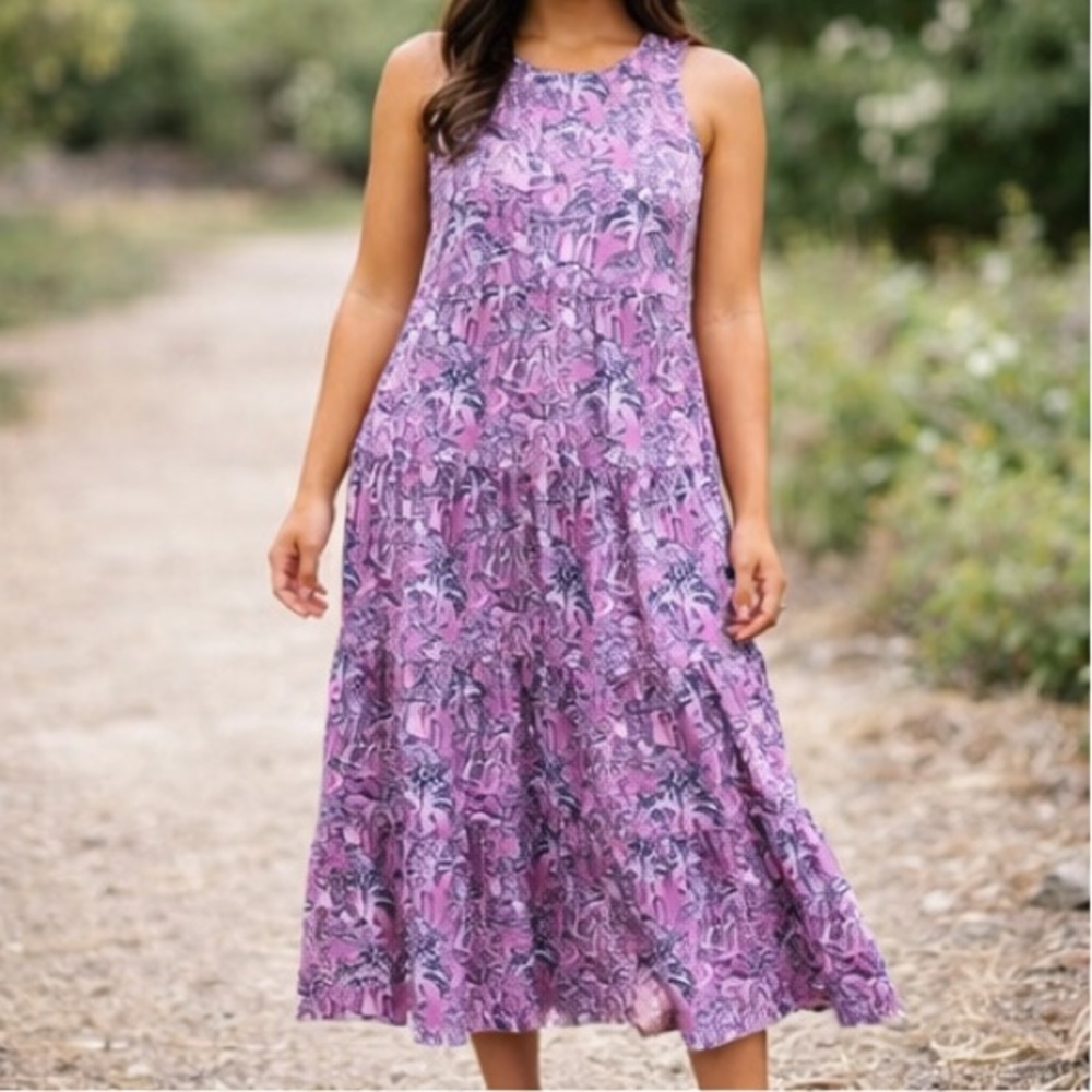 Pink Blue Maxi Dress Womens Small Sleeveless Tiered Pockets‎ Summer Casual